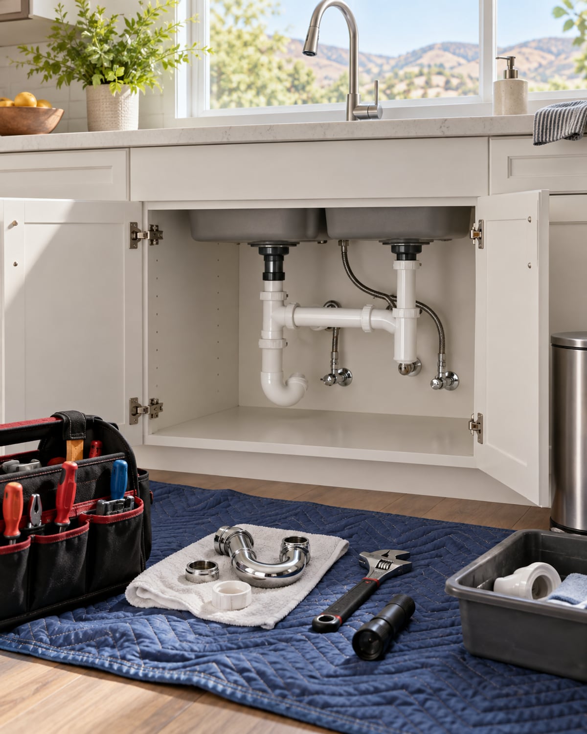 Protected kitchen floor and organized tools beside a clean under-sink repair