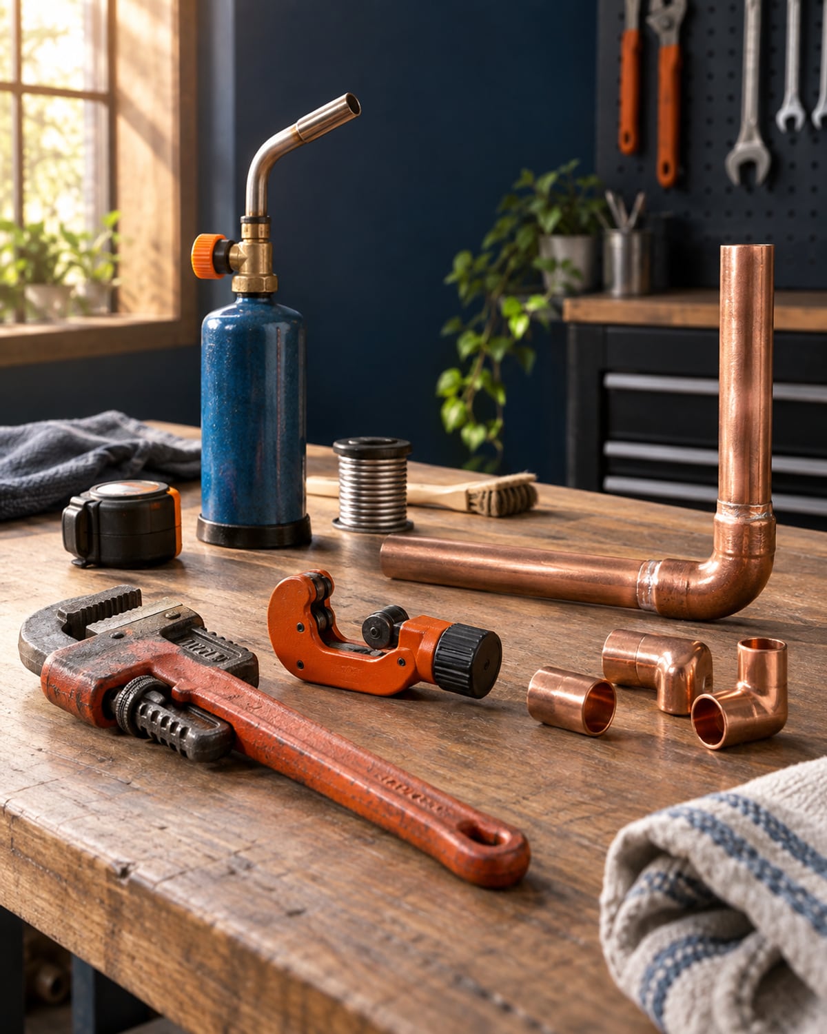Plumbing tools, copper fittings, and a finished pipe joint on a clean workbench