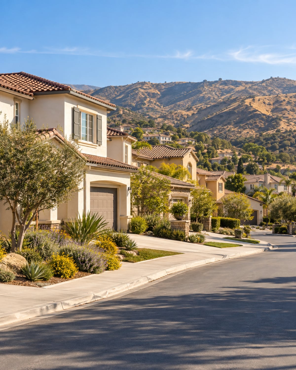 Typical Santa Clarita stucco homes with tile roofs and drought-tolerant landscaping