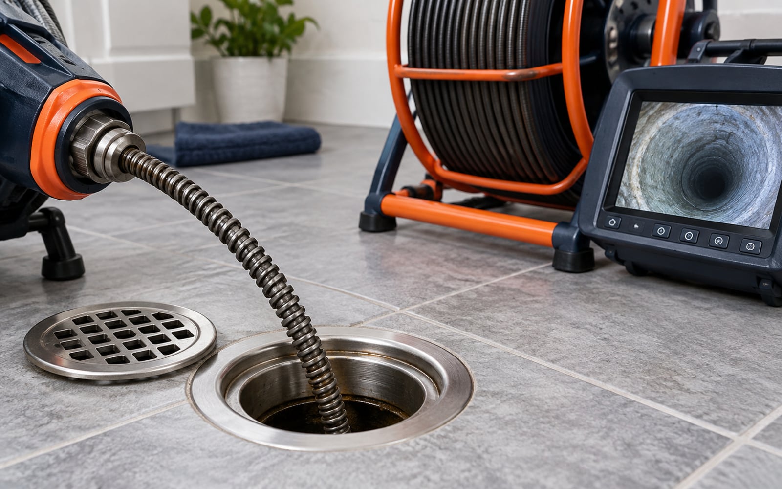 Drain cable entering a clean floor drain beside a sewer camera reel