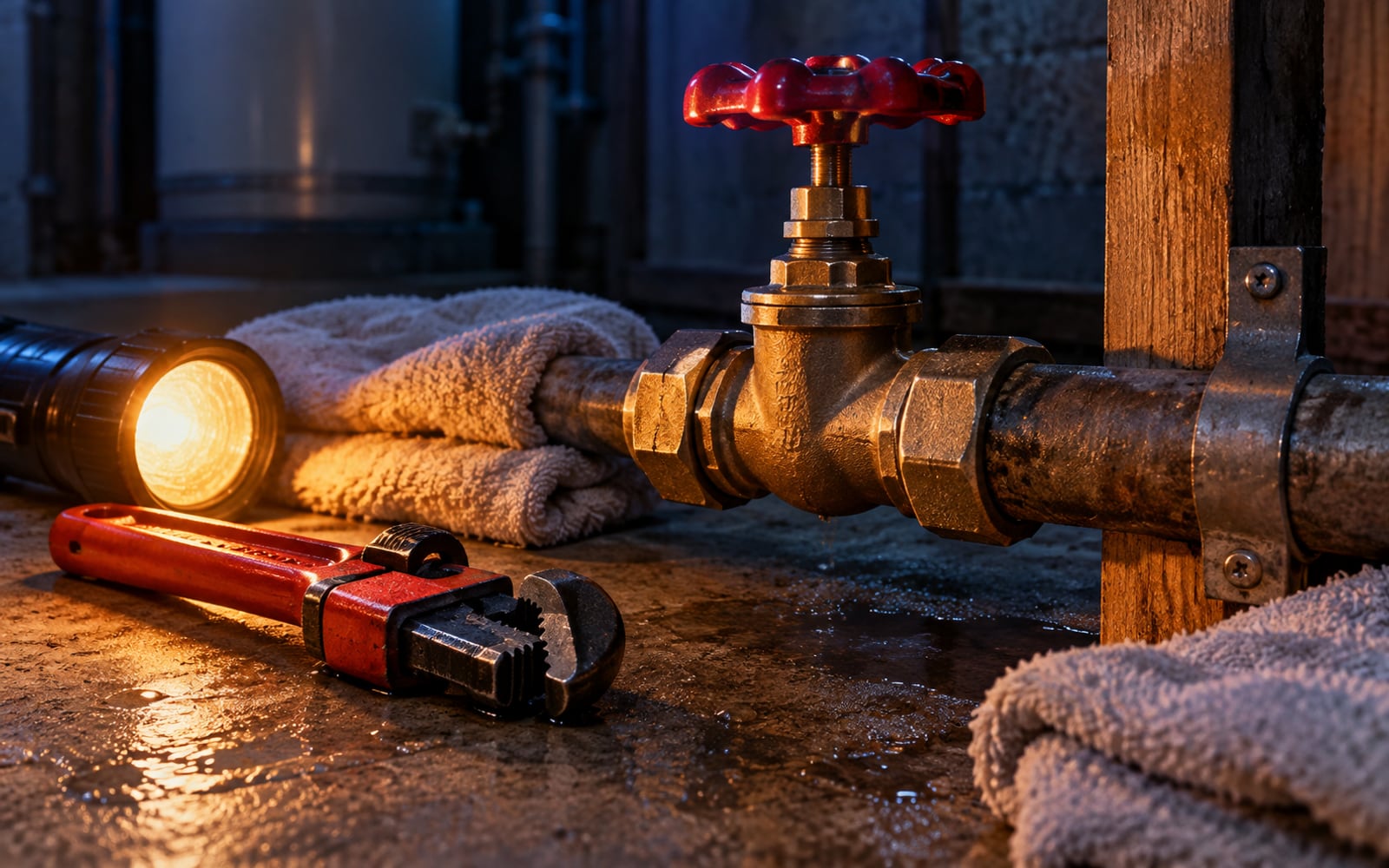 Water shutoff valve, flashlight, towels, and emergency plumbing tools