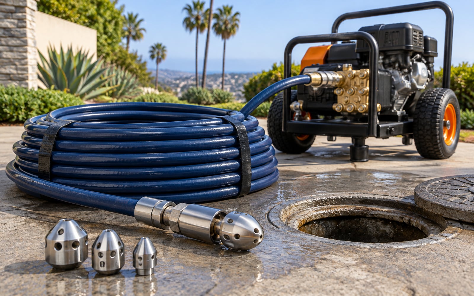 Hydro jetting hose, nozzles, and pressure equipment near a cleanout