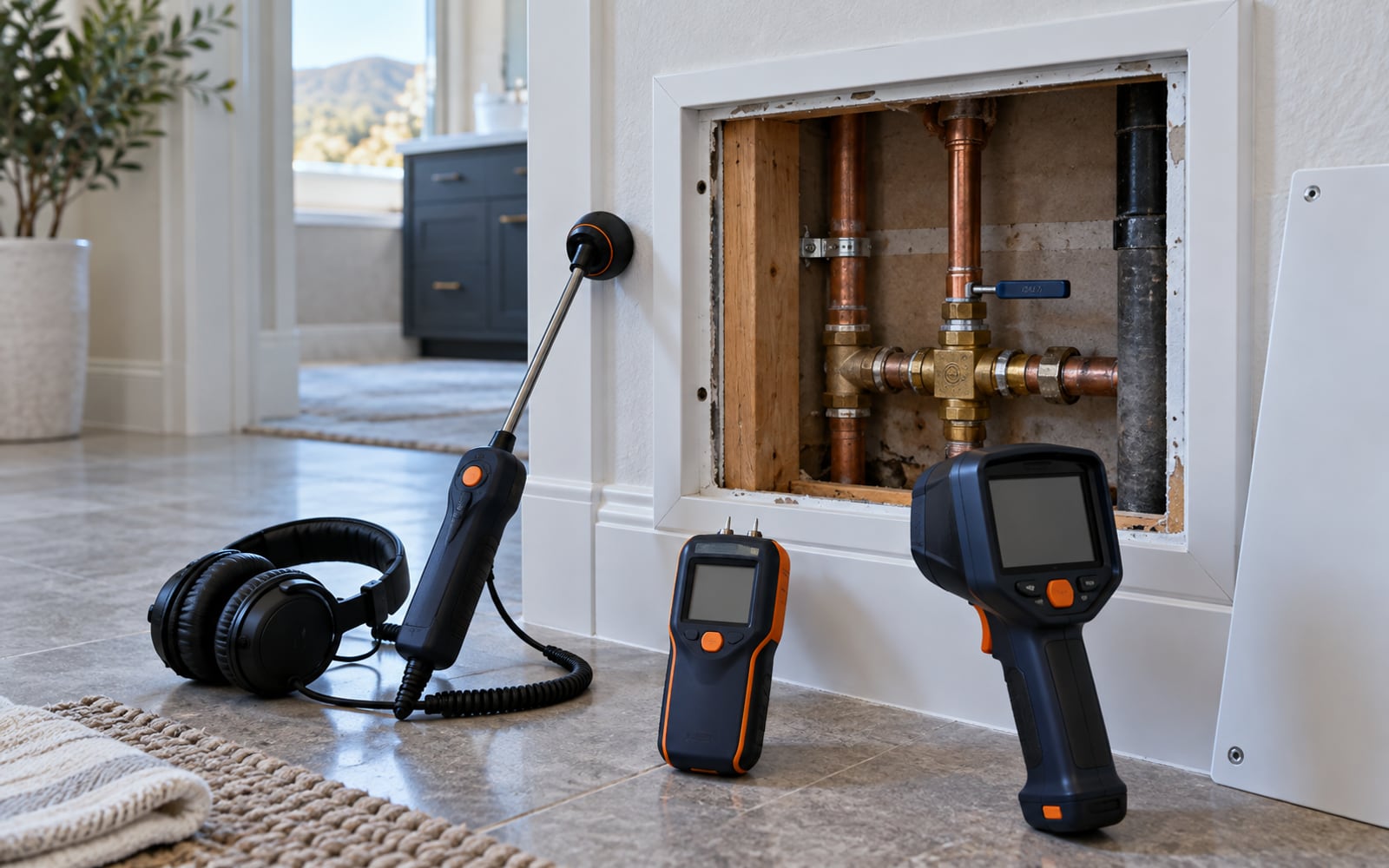 Leak detection instruments arranged beside residential pipework