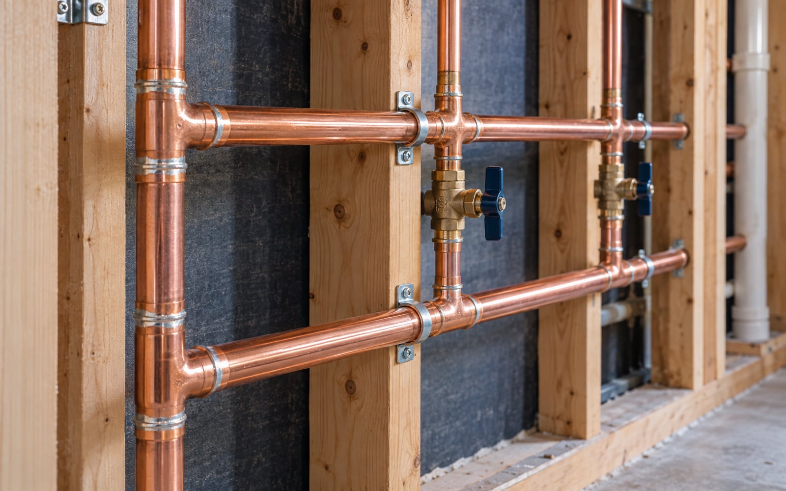 Aligned copper supply pipes with clean joints and supports