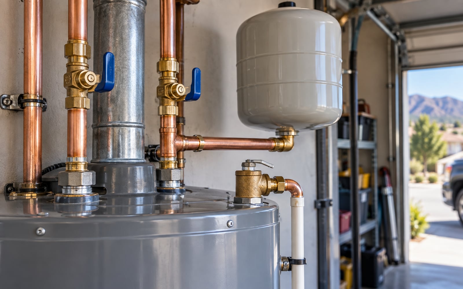 Copper water-heater connections, brass valves, and expansion tank