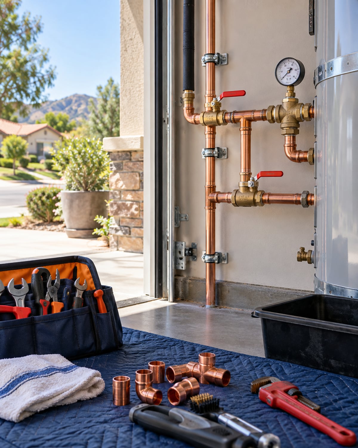 Organized plumbing tools, copper fittings, and finished residential work