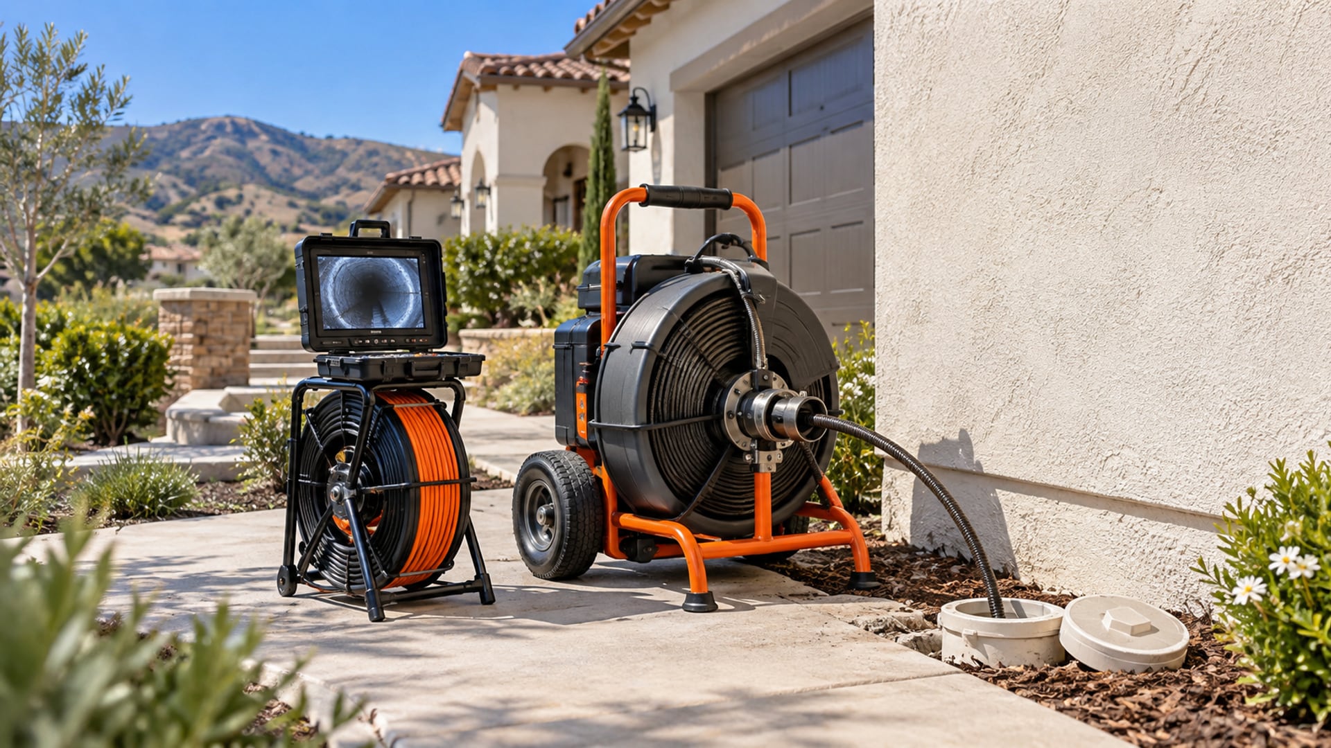 Drain cleaning cable machine and sewer camera at a Santa Clarita residential cleanout
