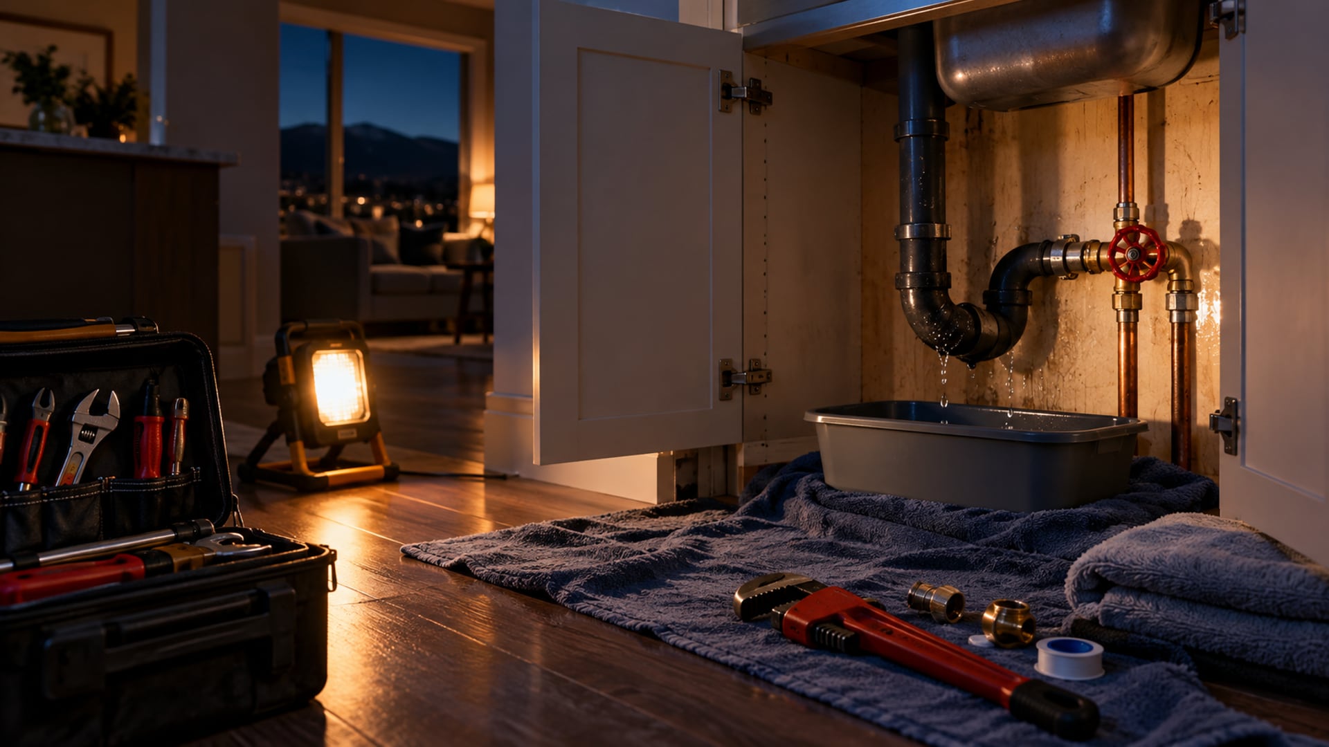 Contained pipe leak with shutoff valve, work light, and plumbing tools in a Santa Clarita home