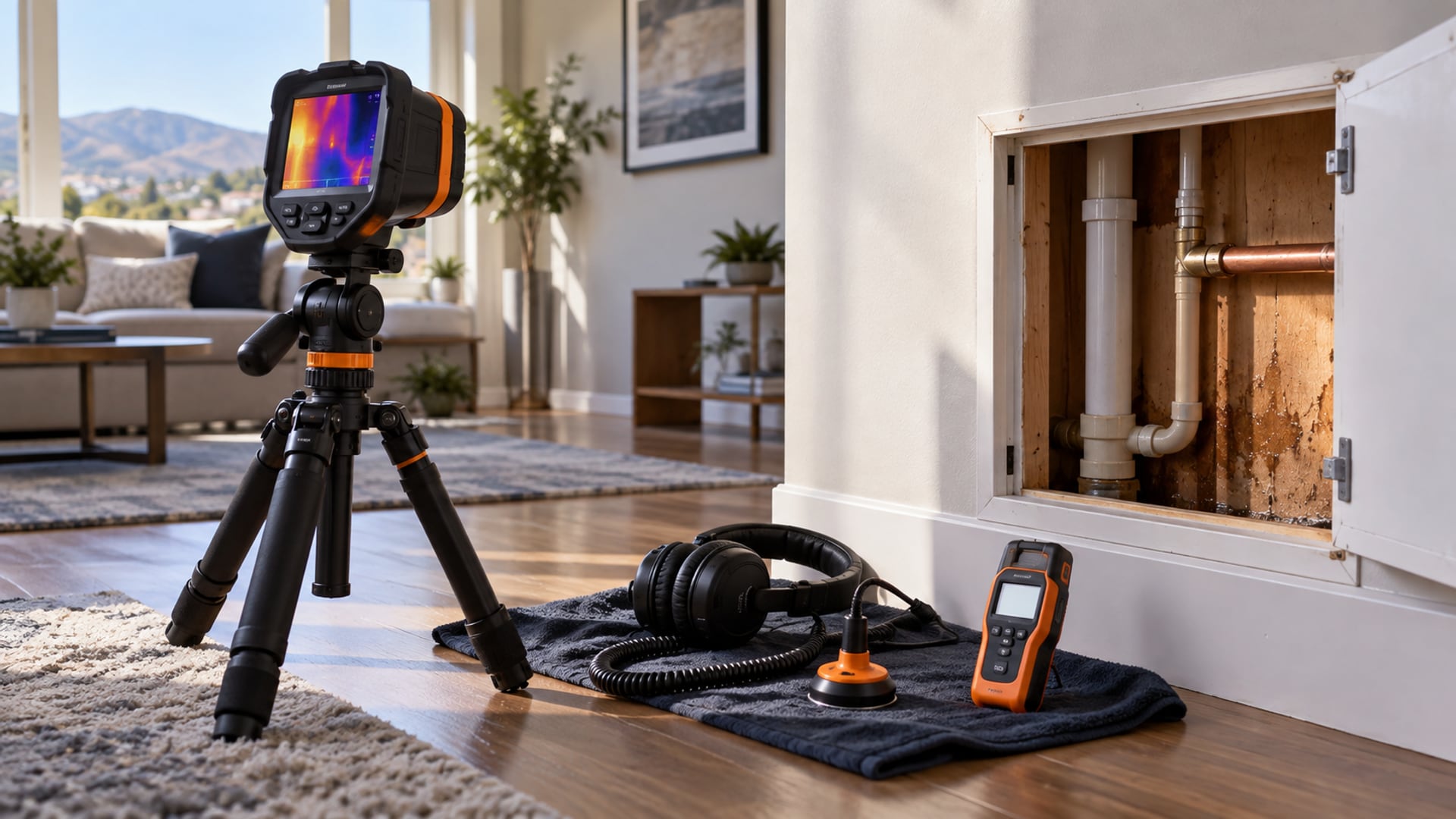 Thermal camera, moisture meter, and acoustic leak tools at a Santa Clarita plumbing access panel