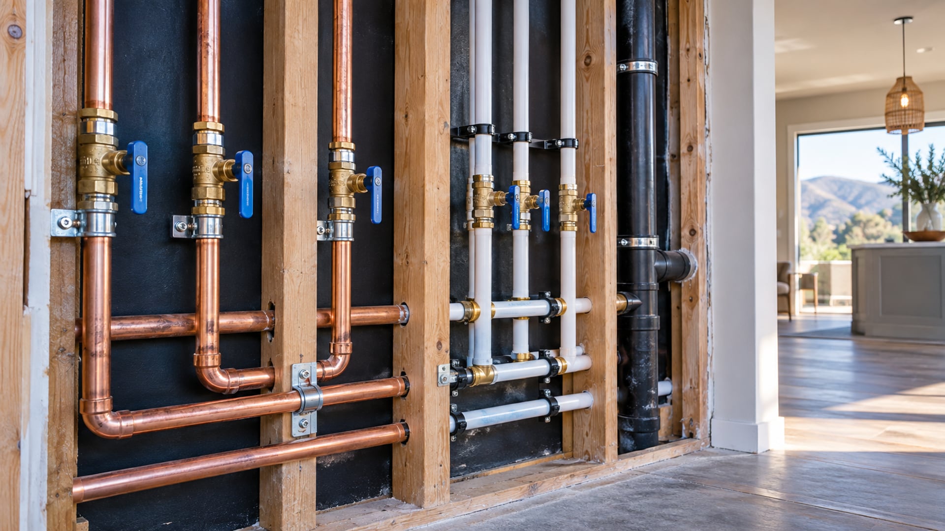 New copper pipe runs, supports, and shutoff valves inside an open wall in Santa Clarita
