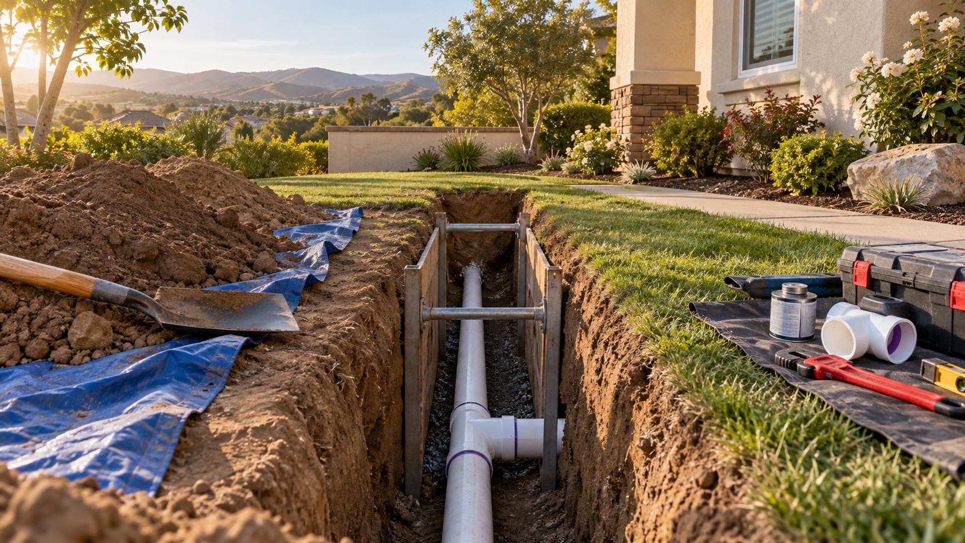 Tidy residential trench exposing a new sewer pipe connection in Santa Clarita