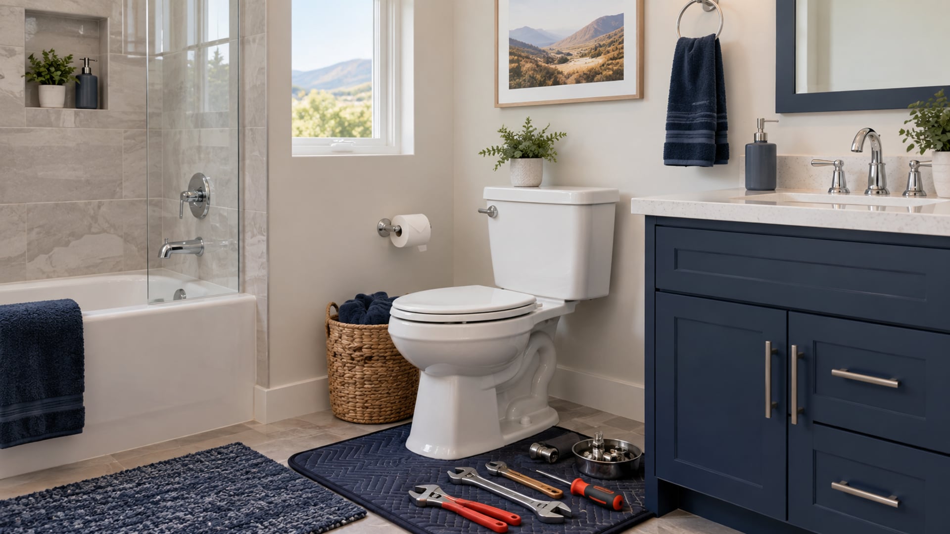 Contemporary bathroom with serviced toilet, chrome faucet, and organized plumbing tools