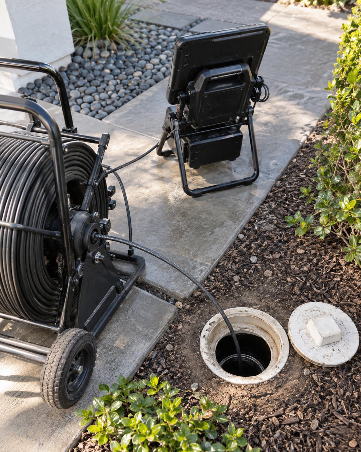 Drain machine and inspection equipment positioned at a residential cleanout