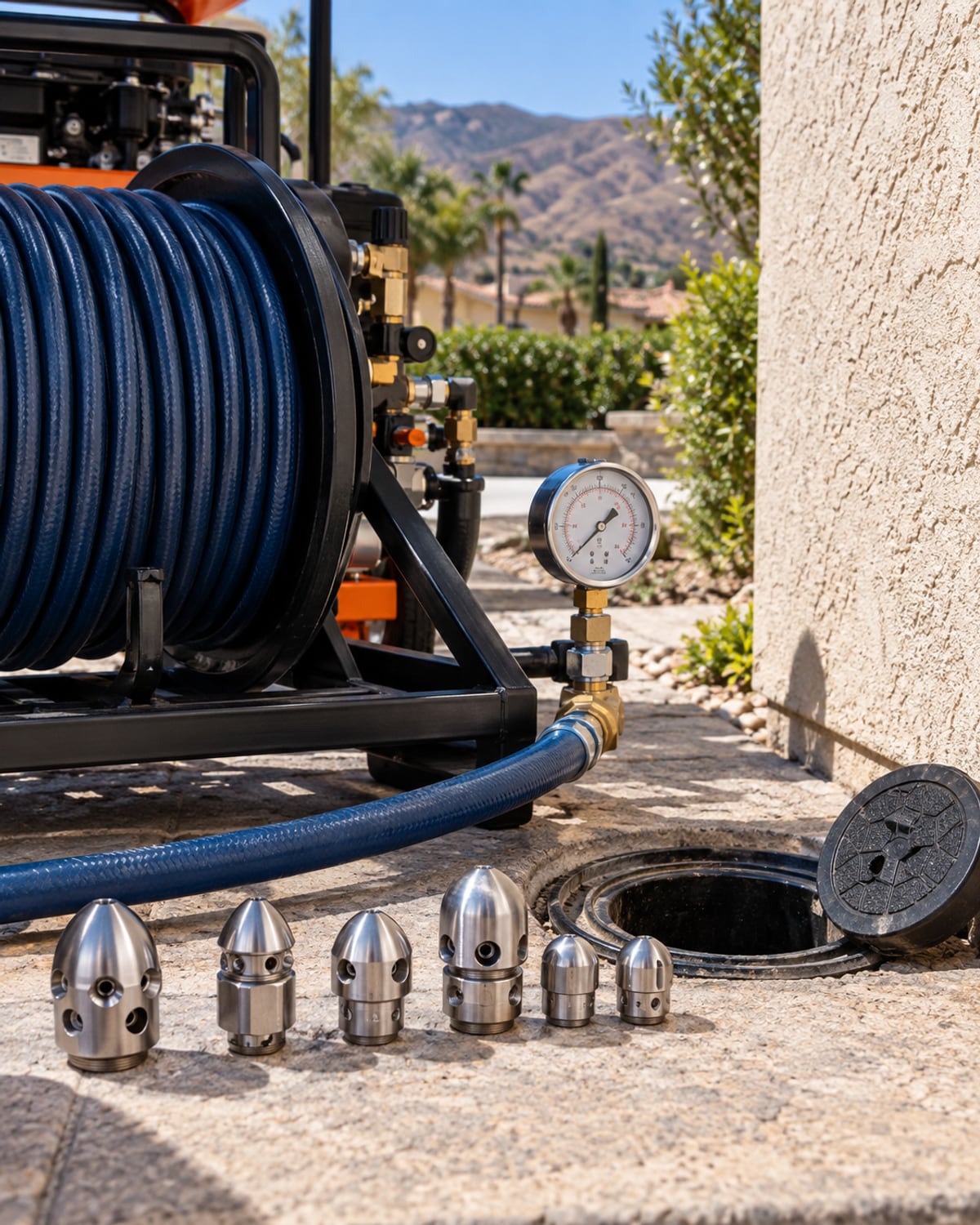 Hydro jetting nozzles, pressure gauge, hose, and residential cleanout