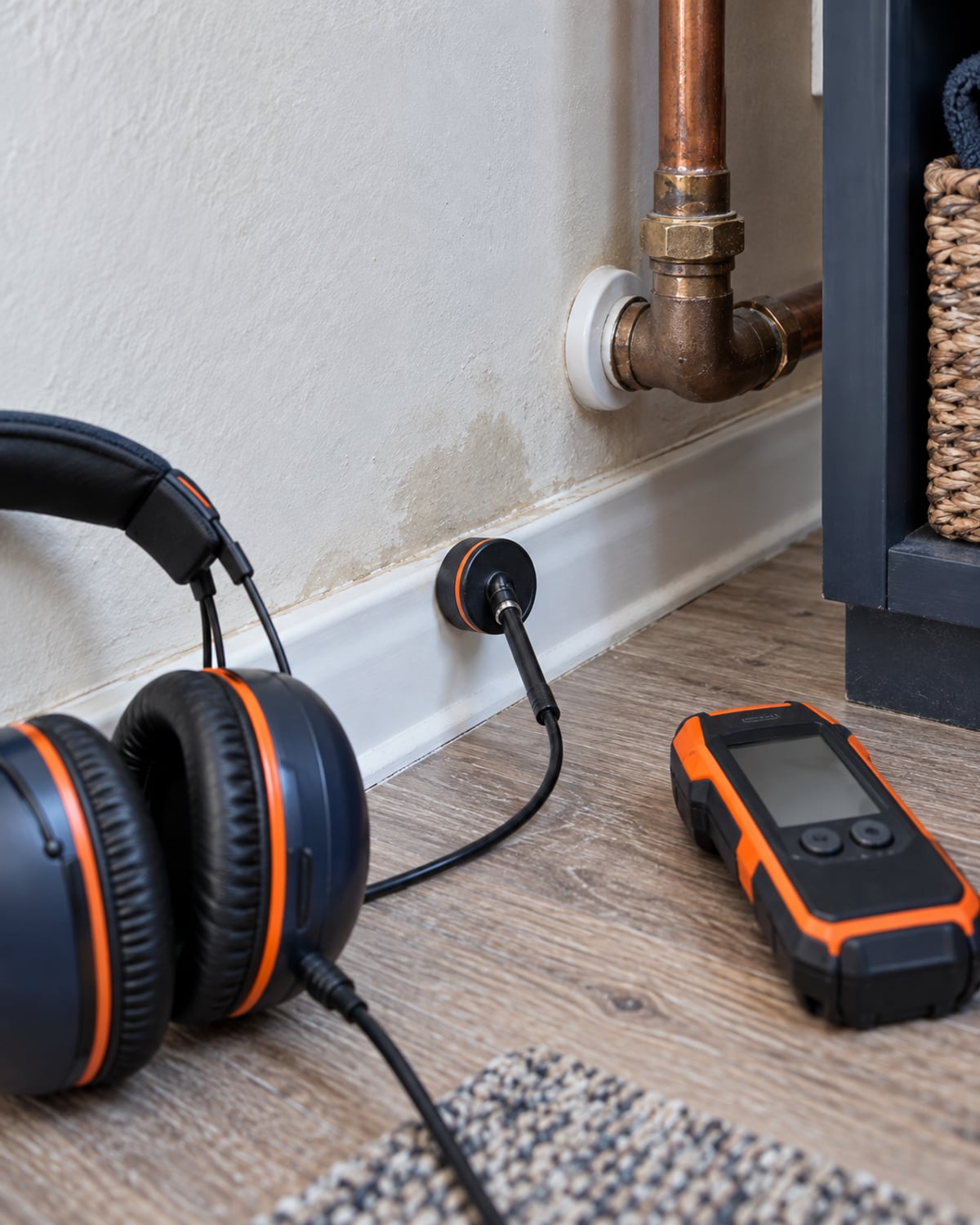 Moisture and acoustic leak detection tools at a wall and floor junction