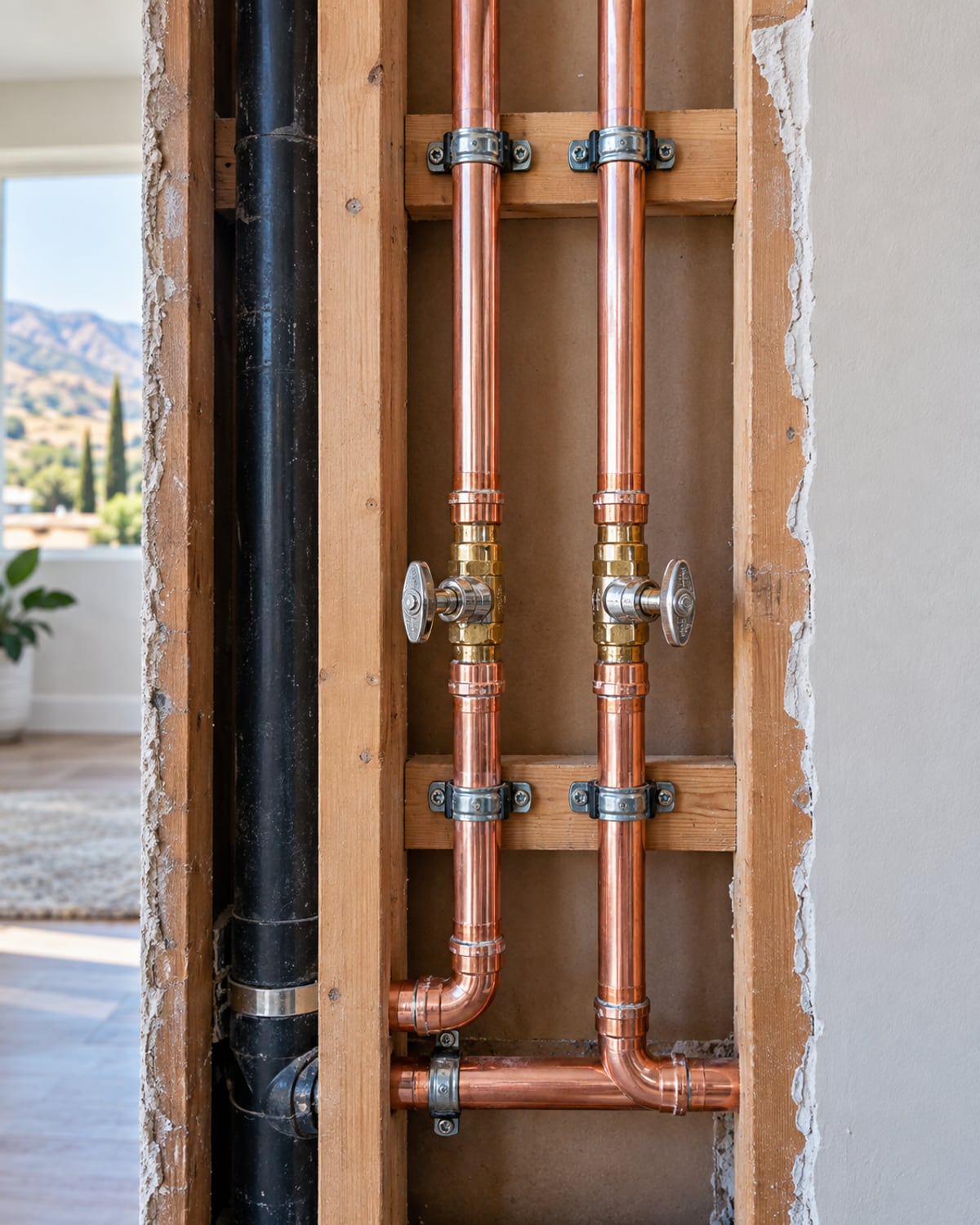 Open wall showing new copper lines, shutoffs, clips, and repaired joints