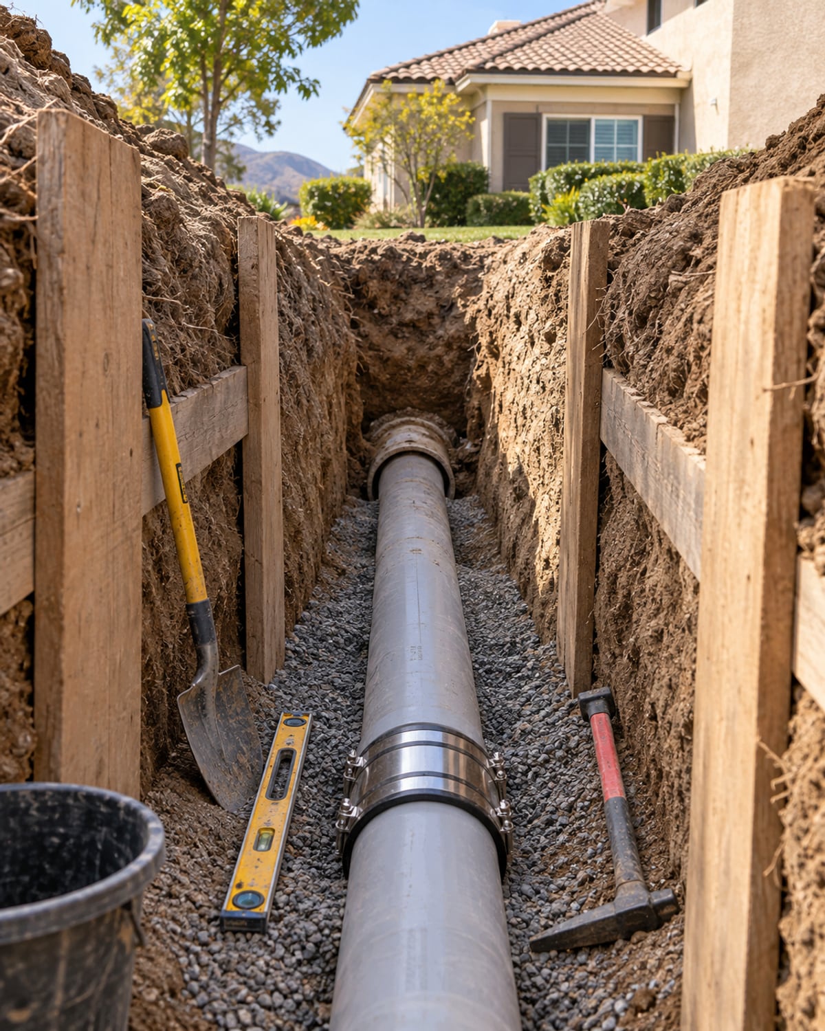 Replacement sewer section and coupling inside a narrow residential trench