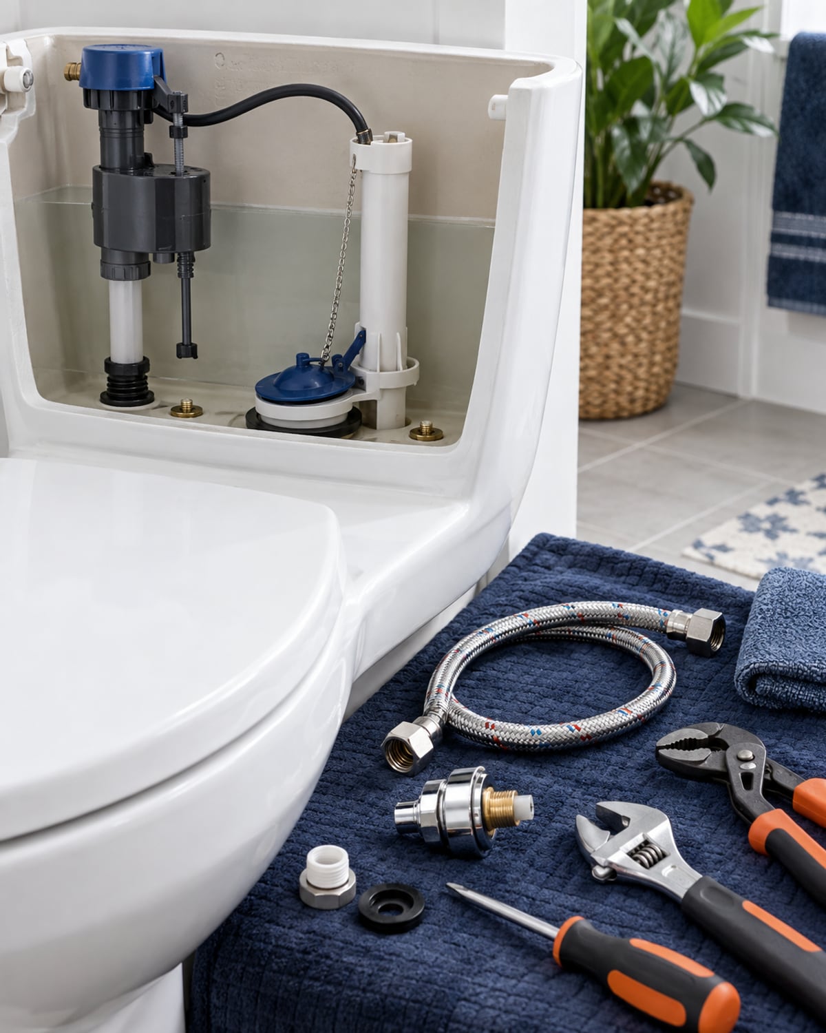 Toilet tank components, faucet cartridge, supply line, and repair tools