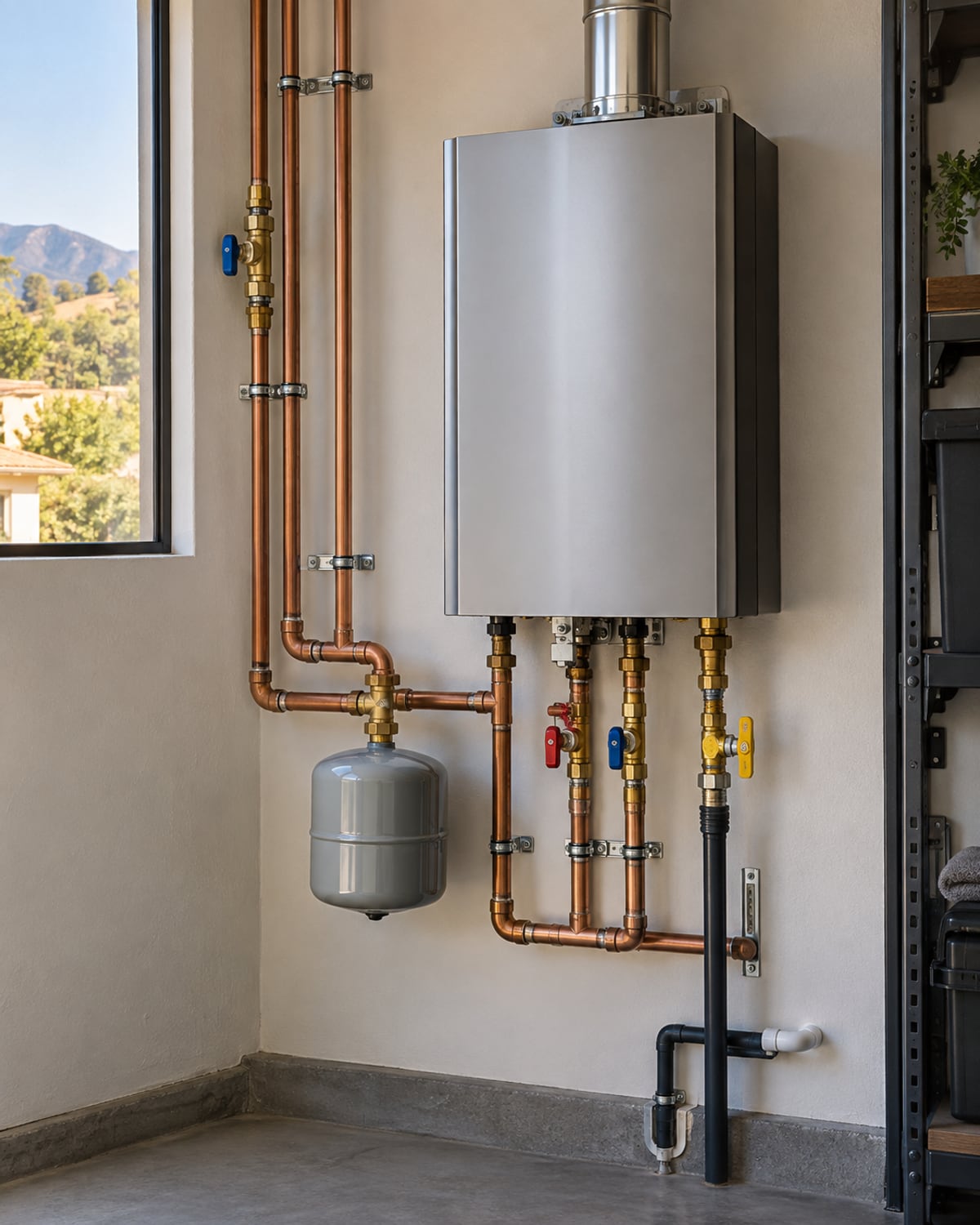 Tankless water heater with copper lines and isolation valves