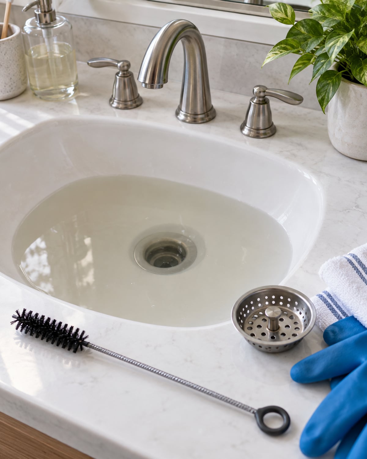 Close view of tools and plumbing conditions related to drain cleaning in Santa Clarita