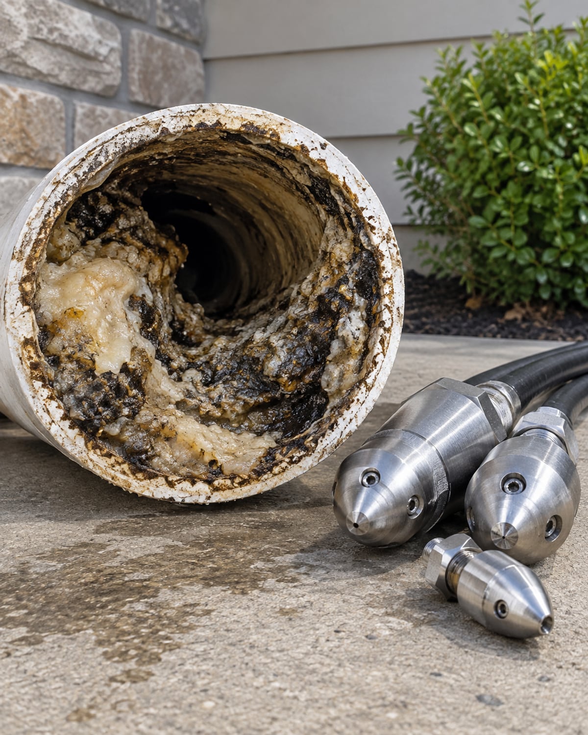 Close view of tools and plumbing conditions related to hydro jetting in Santa Clarita