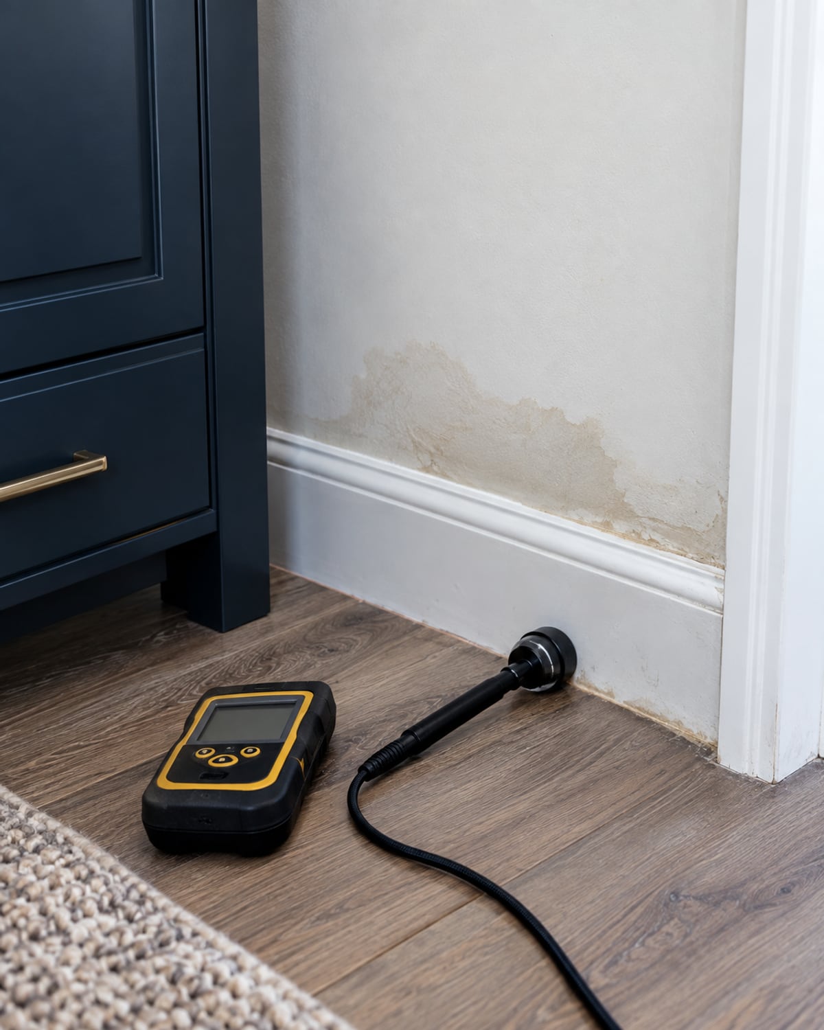 Close view of tools and plumbing conditions related to leak detection in Santa Clarita