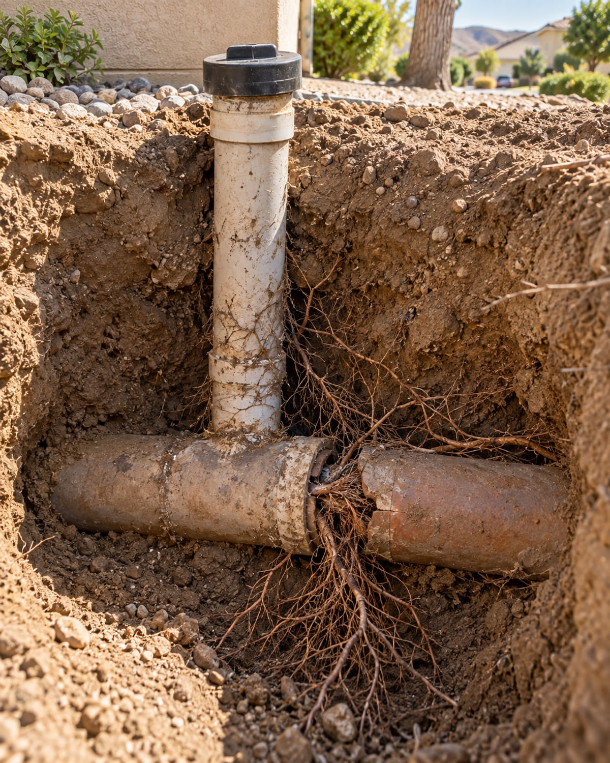 Close view of tools and plumbing conditions related to sewer line repair in Santa Clarita
