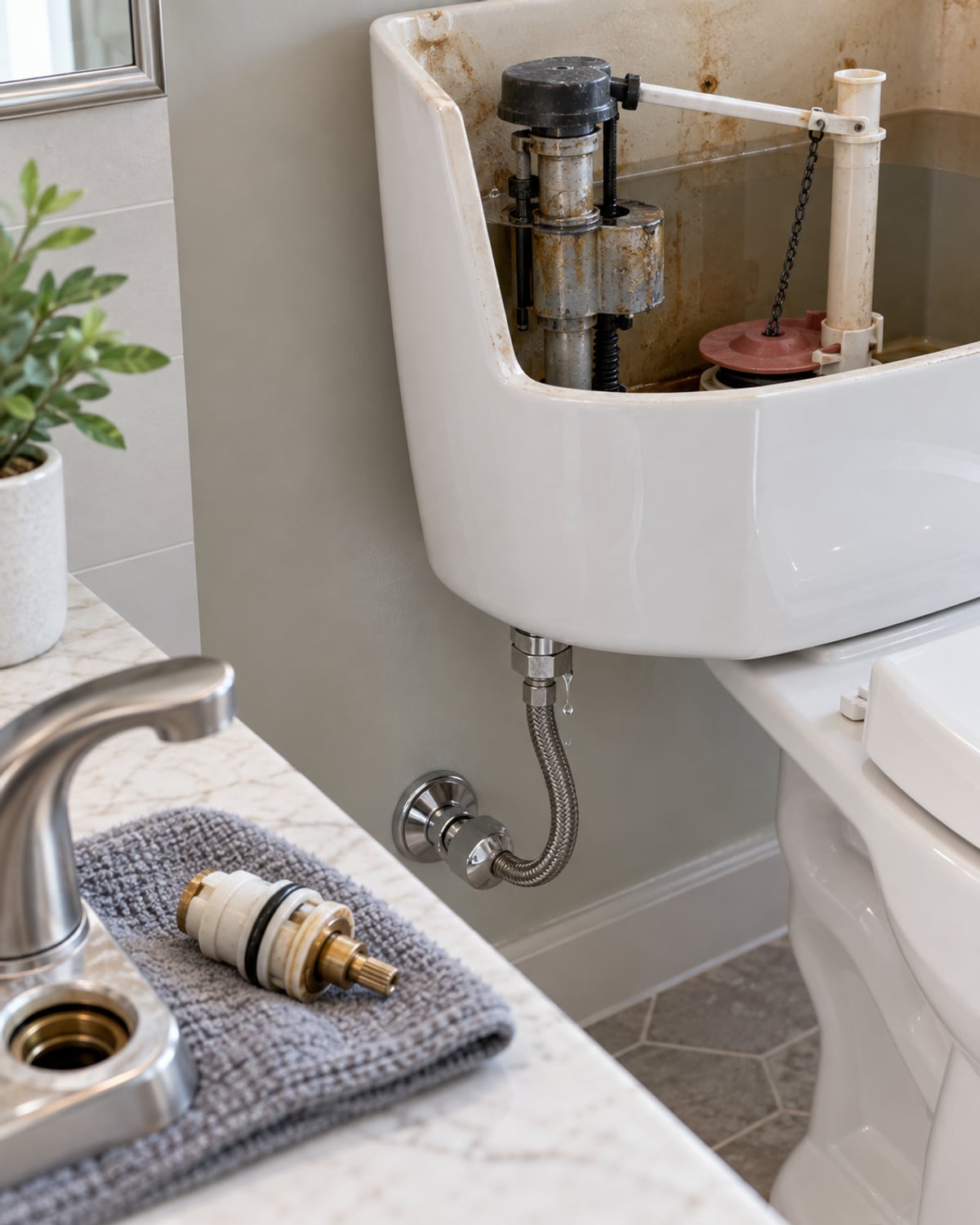Close view of tools and plumbing conditions related to toilet & fixture repair in Santa Clarita