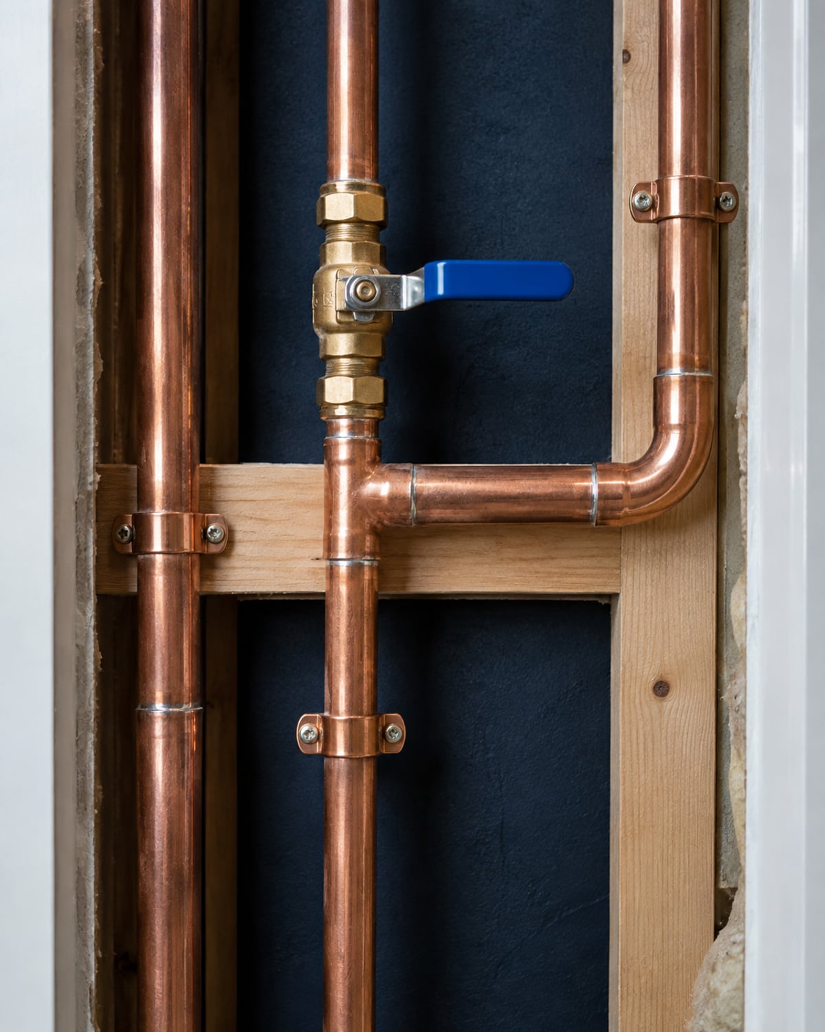 Close view of precise copper joints, supports, and shutoff valve