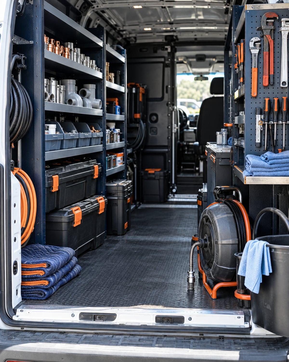 Organized plumbing service equipment inside an unbranded work van